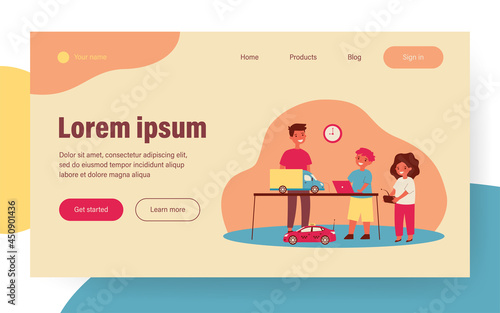 Children programming radio-controlled toy cars. Computer, remote control, playing kids flat vector illustration. Childhood or robotics class concept for banner, website design or landing web page