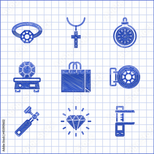 Set Shopping bag jewelry, Diamond, Calliper or caliper and scale, Jewelry store, Jewelers lupe, Gem stone, Pocket watch and engagement ring icon. Vector