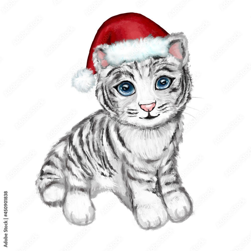 White tiger in red santa hat. Hand drawn white cute little tiger with blue eyes, isolated on white background. Symbol of the 2022 year. Cartoon tiger. Realistic metallic tiger. Winter. White tiger in red santa hat. Hand drawn white cute little tiger with blue eyes, isolated on white background. Symbol of the 2022 year. Cartoon tiger. Realistic metallic tiger. Winter.