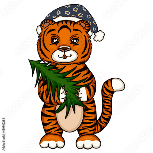 Fototapeta Naklejka Na Ścianę i Meble -  Flat tiger in blue santa hat with fir tree. Funny Cartoon tiger isolated on white background. Symbol of 2022. Chinese new year. Design for Christmas and New Year posters, cards, banners.