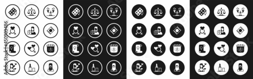 Set Gender equality, Feminist activist, Packaging of birth control pills, Condom package, Calendar with 8 March and Feminism icon. Vector