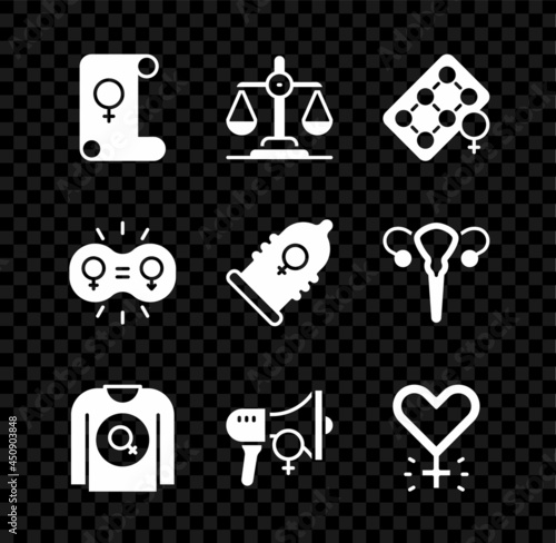 Set Feminism, Gender equality, Packaging of birth control pills, Feminist shirt, activist, and Condom icon. Vector