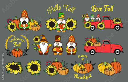 Set of fall elements. Autumn gnomes, pumpkins and sunflowers. Thanksgiving. 