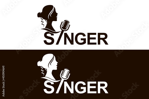 icons with singing woman and microphone isolated on white and black background