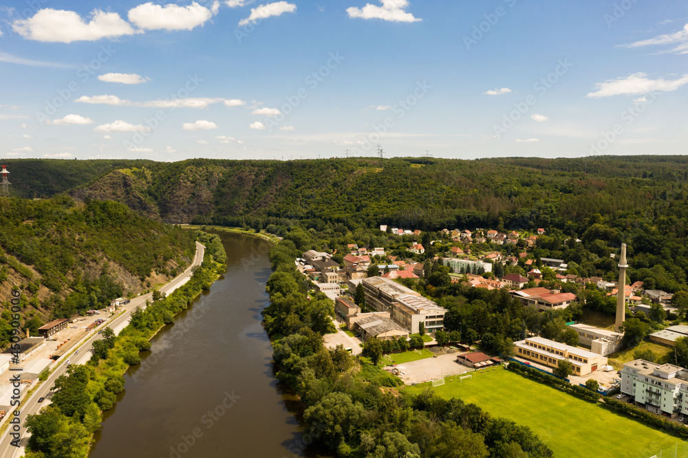 Aerial drone view of river Vltava and city 