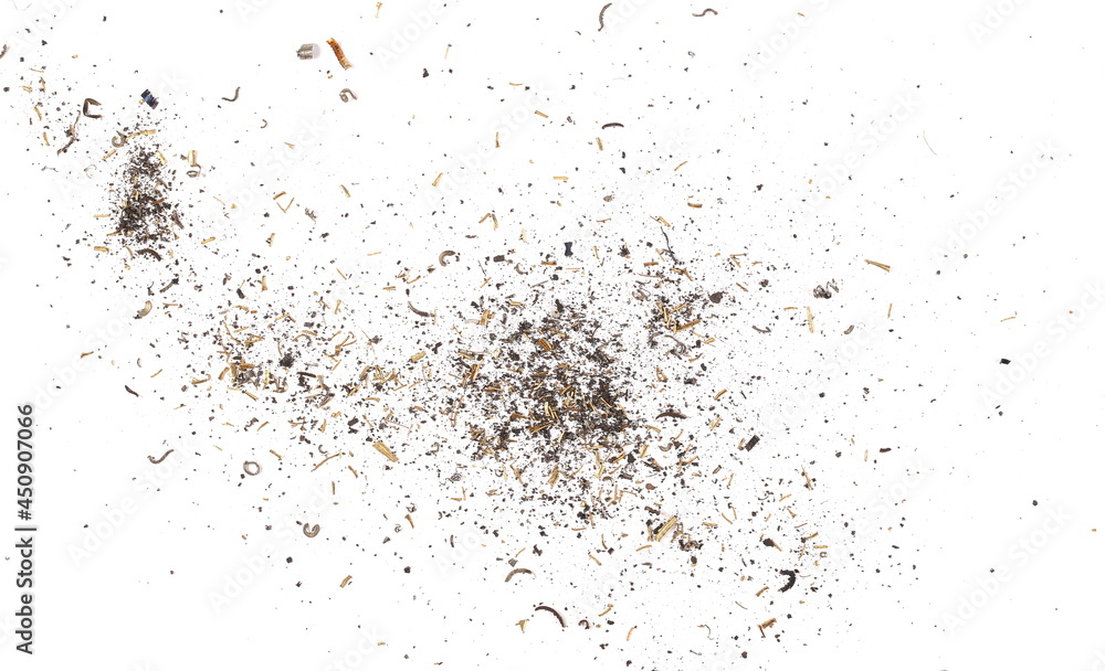 Dust, metal shavings, explosion scraps pile isolated on white background, texture, top view