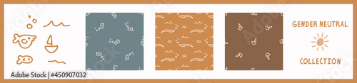Seemless background nautical sea life set of 3 patterns with motif. Whimsical minimal earthy 2 tone color. kids nursery wallpaper or boho cartoon pet fashion all over print.