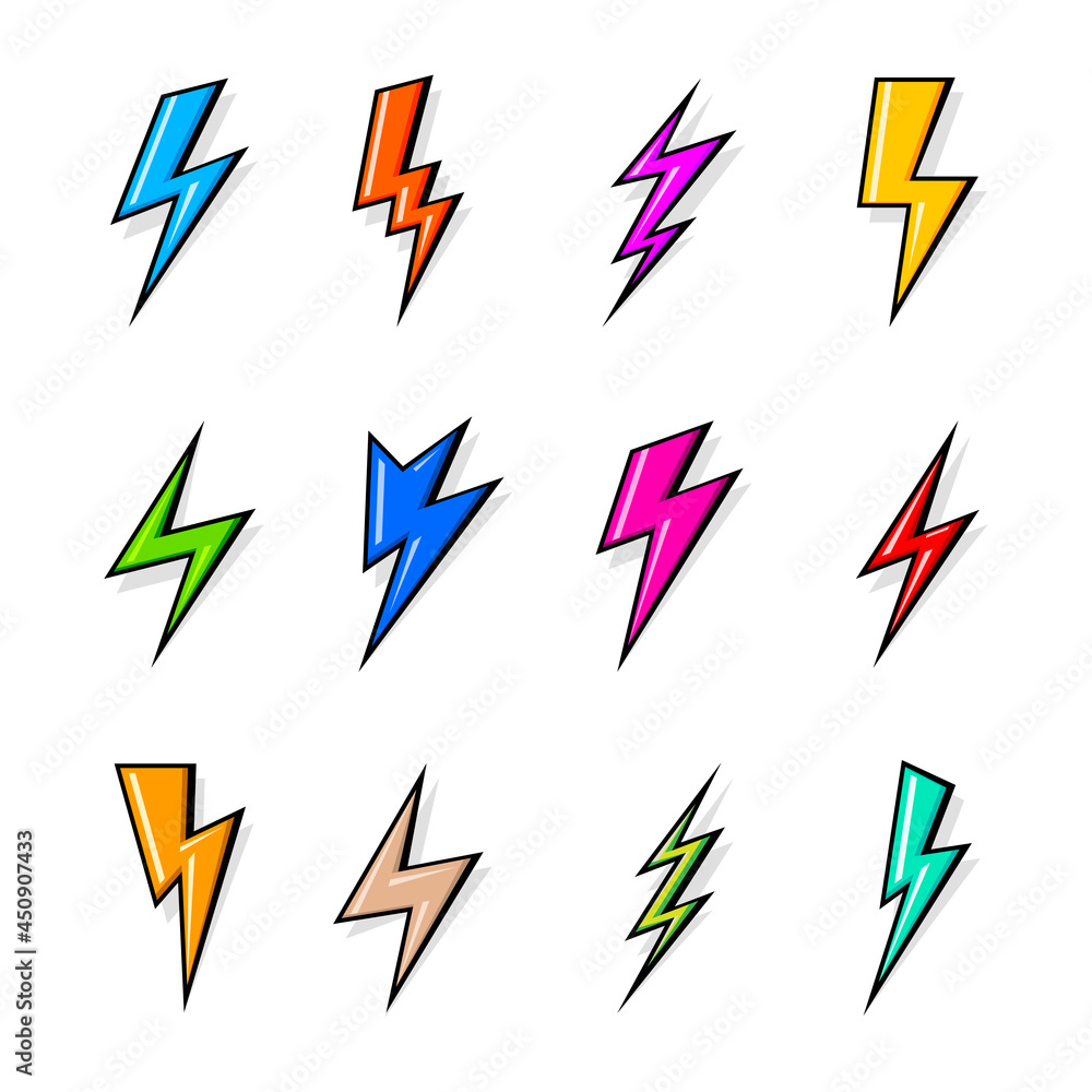 Colored Lightning Bolt Icons Isolated on White Background. Simple Icon Storm or Thunder and Lightning strike. Flash Symbol, Thunderbolt. Simple Cartoon Lightning Strike Sign Colored Lightning Bolt Icons Isolated on White Background. Simple Icon Storm or Thunder and Lightning strike. Flash Symbol, Thunderbolt. Simple Cartoon Lightning Strike Sign