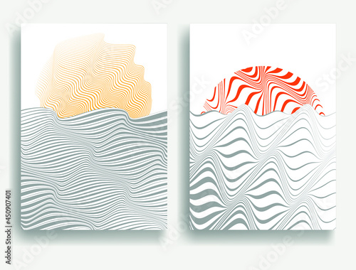 Contemporary art composition . Vector illustration . Modern sunset background . Minimal design brochure . Abstract geometric poster.
