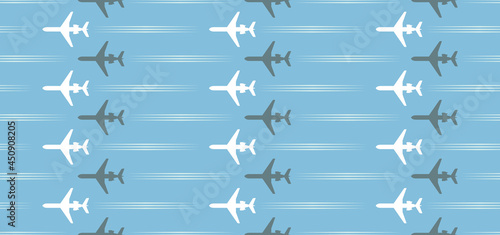 seamless pattern with white and gray passenger airplanes and flight paths