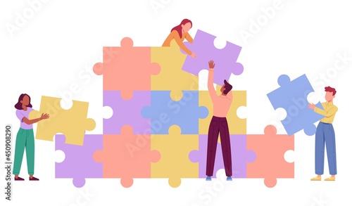 Young male and female characters are assembling giant jigsaw puzzle together. Concept of teamwork and employee cooperation. Colleagues supporting each other. Flat cartoon vector illustration