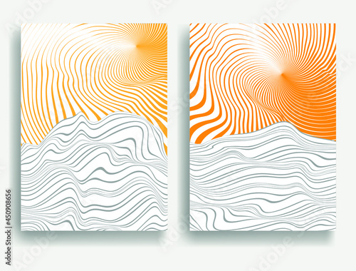 Contemporary art composition . Vector illustration . Modern sunset background . Minimal design brochure . Abstract geometric poster.