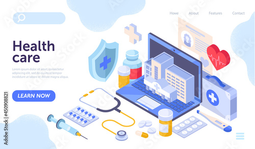 Doctors workplace surrounded by essential hospital elements. Modern digital medical services for remote health care. Website, web page, landing page template. Isometric cartoon vector illustration.