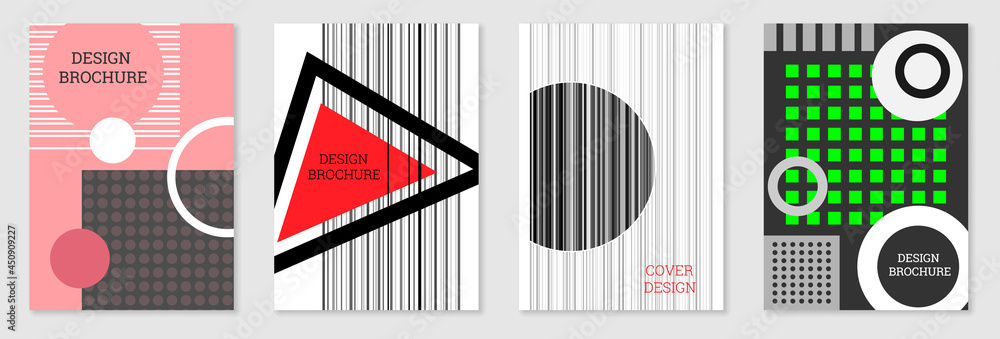 Set of cover design in Memphis style. Geometric design, abstract background. Fashionable bright cover, banner, poster, booklet. Creative colors. Set of cover design in Memphis style. Geometric design, abstract background. Fashionable bright cover, banner, poster, booklet. Creative colors.