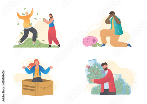 Set of scenes with male and female characters save, spend and waste money on white background. Concept of richness and poverty. People with banknotes. Flat cartoon vector illustration