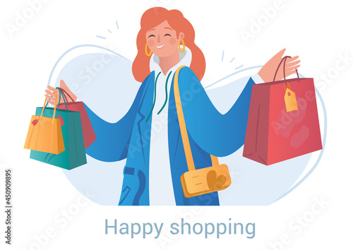 Smiling happy female character is shopping alone with bags on white background. People enjoy spending time shopping in clothing stores offline. Flat cartoon vector illustration