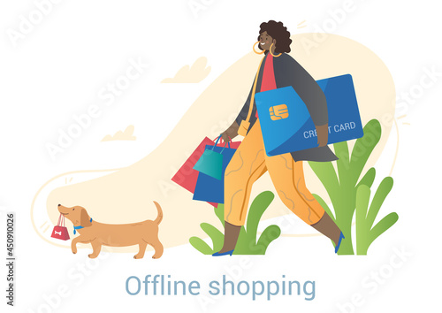 Young smiling female character is shopping with big creadit card and her dog on white background. Concept of people enjoy shopping in stores offline with big bags. Flat cartoon vector illustration