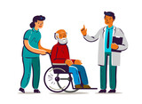 Elderly care concept. Nurse Medicine staff Patient Hospital Doctor Wheelchair flat illustration