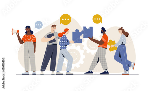 Male and female HR emplyees are working together as a team on white background. Concept of labor assessment with company satisfaction in workplace. Flat cartoon vector illustration