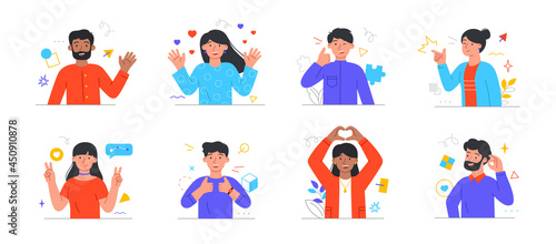 Set of happy male and female characters express various positive emotions with gestures on white background. Ok sign, clenched fist, thumbs up and hand heart gestures. Flat cartoon vector illustration