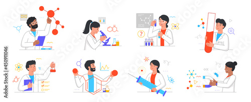 Set of male and female cientists conducting medical researches, analyses and tests of vaccines on white background. Concept of developments and discoveries in science. Flat cartoon vector illustration