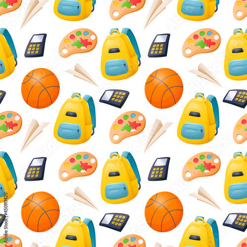 Vector seamless cartoon pattern with childrens school supplies  a backpack and a basketball.