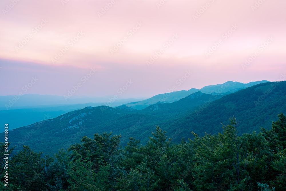 A beautiful view of the mountains in the Croatian national Park in the summer evening