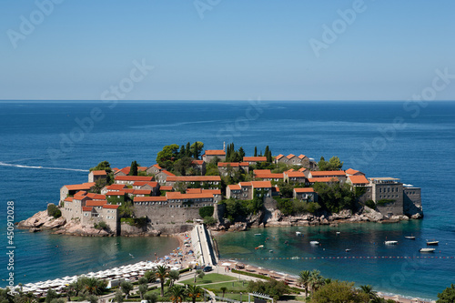 Beautiful view of the island of St. Stephen at sunny day, Montenegro. Aman Sveti Stefan, Budva © vveronka