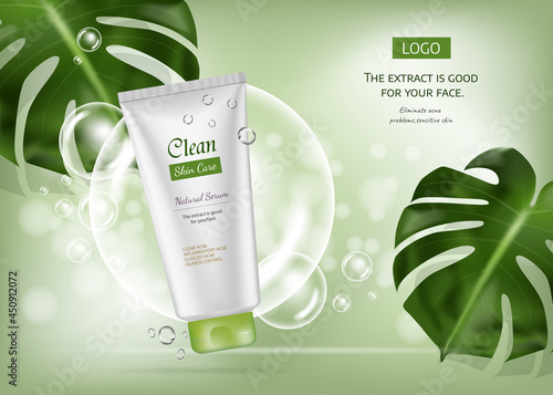 Design cosmetics product advertising for catalog, magazine. Vector design of cosmetic package.Moisturizing cream, gel, body lotion with leaves.  Vector illustration with isolated objects
