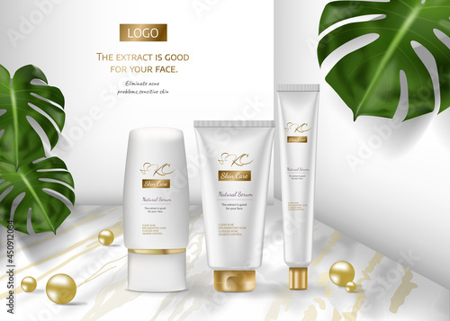 Skin care product Ads for advertisement with tropical leaves on marble stone background in mockup illustration