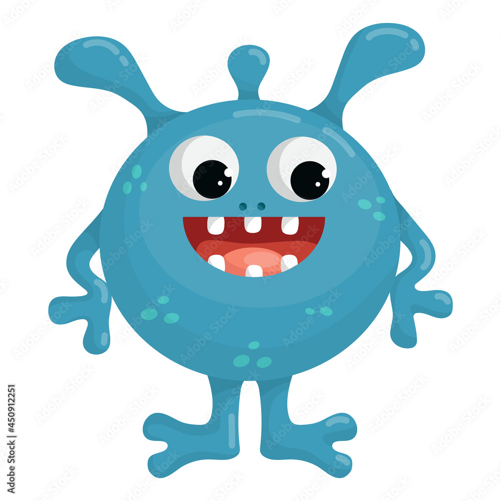 Fototapeta premium Cute cartoon monster with claw hands and three horns, alien vector graphics.