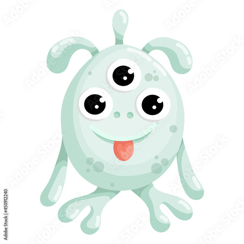 Cute cartoon monster with claw hands, smile and protruding tongue. Three-eyed cyclop, alien. Vector graphics.