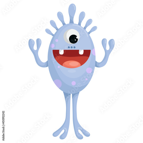 Cute cartoon monster with claw hands and wide smile. One-eyed chyklop, alien, vector graphics.
