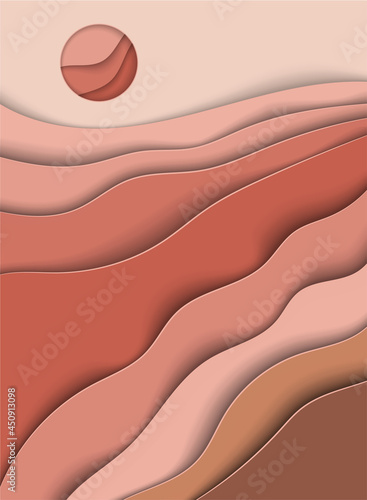 Abstract desert summer background with paper waves for banner, invitation, poster or website design. Paper cut style, 3d effect copy, space for text, vector illustration
