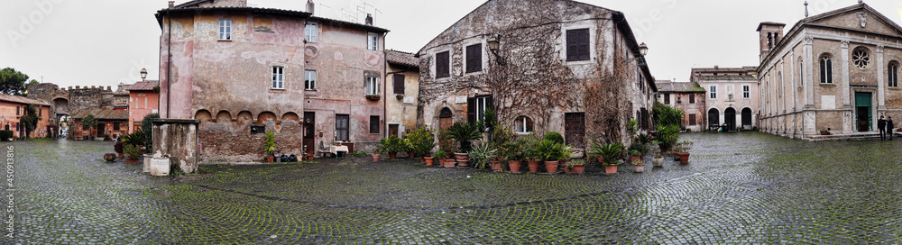 Panoramic 180in  medieval village of Ostia Antica and Saint' Aurea Cathedral and ancient building