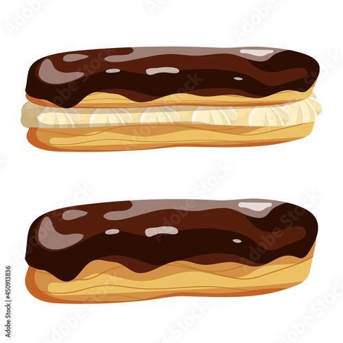Delicious eclair cake with chocolate icing and butter cream. Cartoon vector graphics.