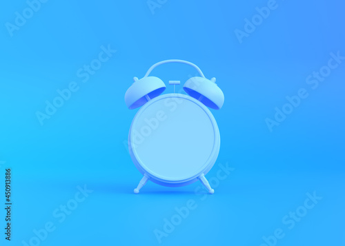 Blue table alarm clock on bright blue background in pastel colors. Minimal creative concept. 3d rendering illustration