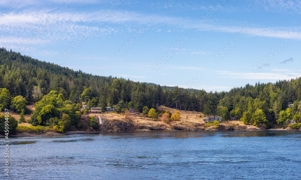 Fototapeta premium View of a Cosy Homes on the rocky coast during a sunny summer day. Taken on Galiano Island near Vancouver Island, BC, Canada.