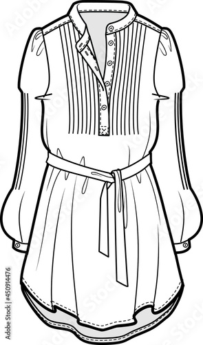 women button front belted waist long bishop sleeve tunic top flat sketch vector illustration