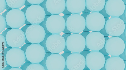 Flying camera through a large number of blue uneven balls. Abstract 3D Render 