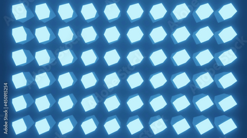 Neon blue cubes  with a beautiful reflection in the floor. Abstract 3d render