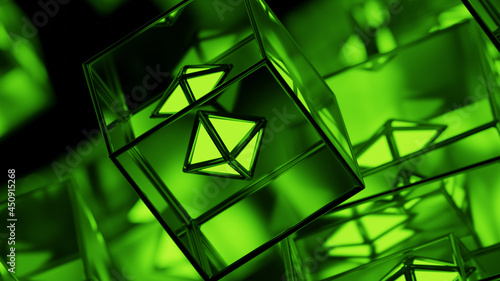 Beautiful abstract green glowing crystal in glass cube 3D render