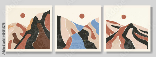 Vector illustration landscape set. Flat design. Mountains and hills background collection. Grunge surface texture with golden splash. Asian style. Design for web banner, social media template
