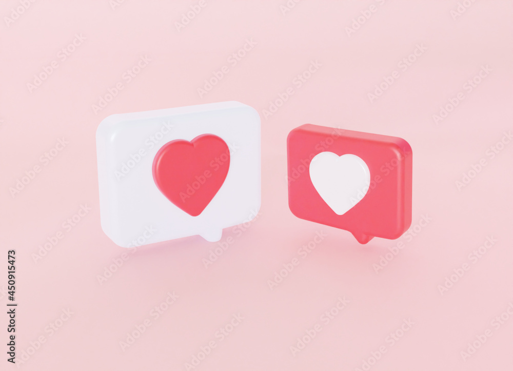 Symbol love like heart. Dialog in social media on pink pastel color wall background. 3D rendering Symbol love like heart. Dialog in social media on pink pastel color wall background. 3D rendering