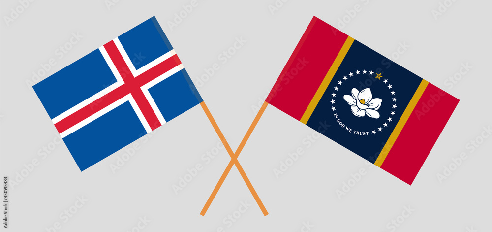 Crossed flags of Iceland and the State of Mississippi. Official colors. Correct proportion