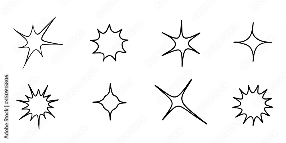 Set of hand drawn sparkles symbols isolated on white background. doodle vector illustration. Set of hand drawn sparkles symbols isolated on white background. doodle vector illustration.