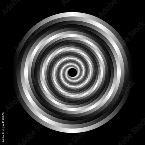 Abstract spiral vortex vector illustration. Futuristic monochrome gradient spiral design element isolated on black background. 