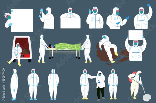 Set of medical staff wearing PPE. and do various activities vector illustration