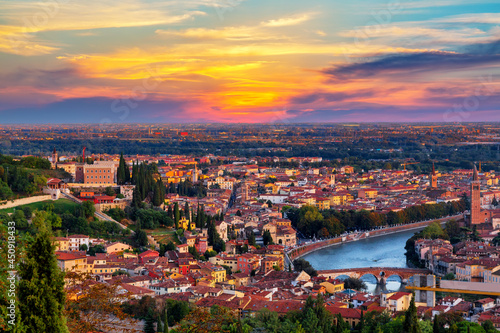 Beautiful sunset aerial view of Verona. Veneto region in italy. Verona sunset cityscape.