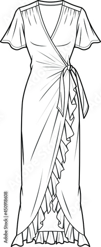 women v neck ruffle wrap dress with flutter sleeve flat sketch vector illustration